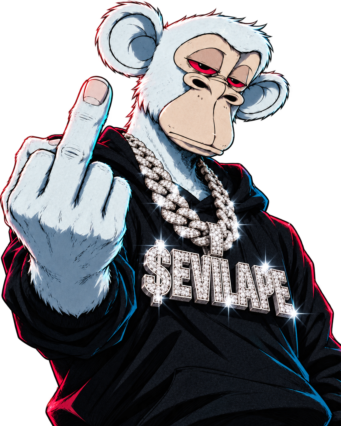 The original white Evil Ape with red eyes, a black hoodie and diamond EVILAPE chain, raising his middle finger