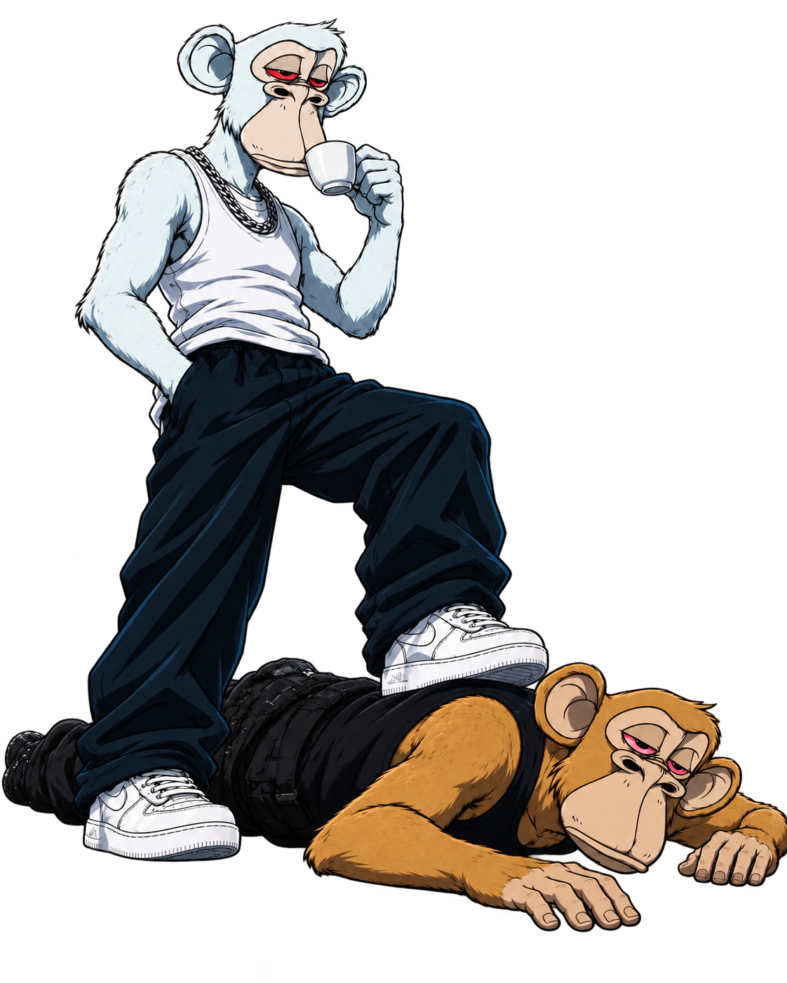 The new white Evil Ape standing over the old brown ape, calmly sipping from a cup
